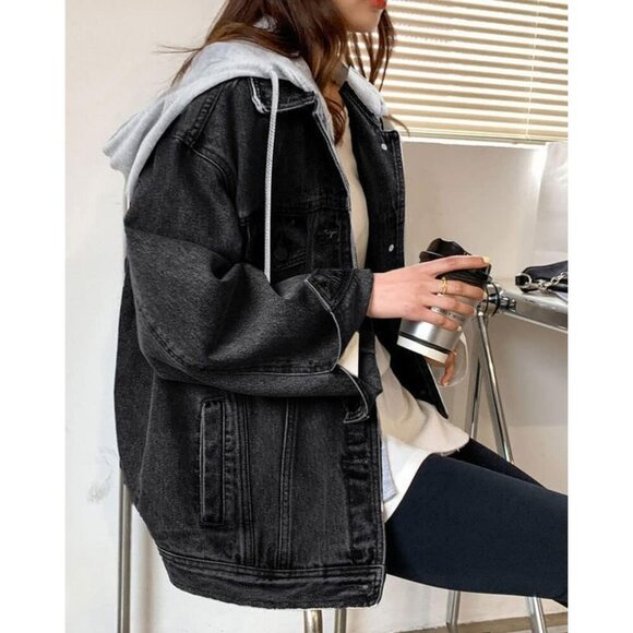 Women's Denim Jacket With Hood Oversized Distressed Jean Jackets Hoodie Black - Picture 2 of 5